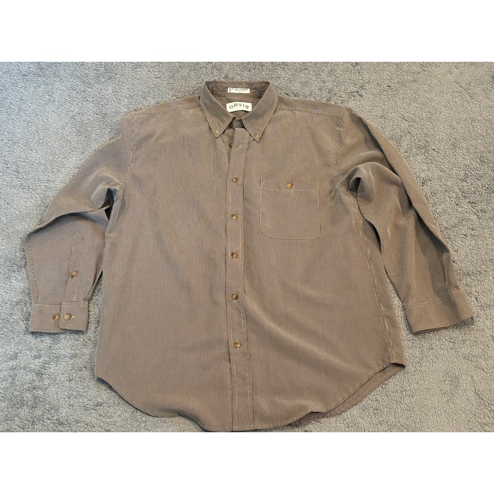 Orvis Shirt Mens Large Brown Houndstooth Lyocell Poly Blend Outdoor Fishing L/S